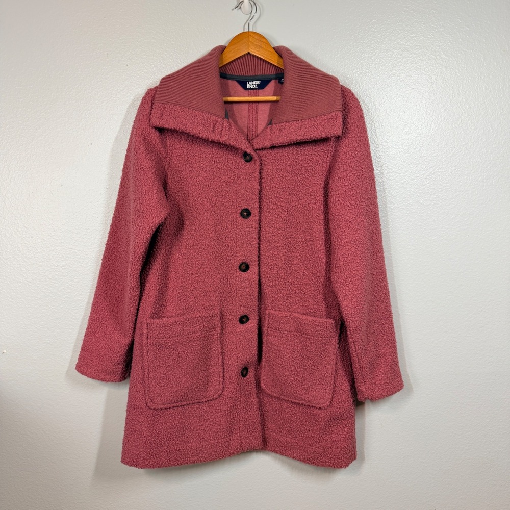 Lands End Coat Women's M Pink Teddy Sherpa Fleece Button Front Longline